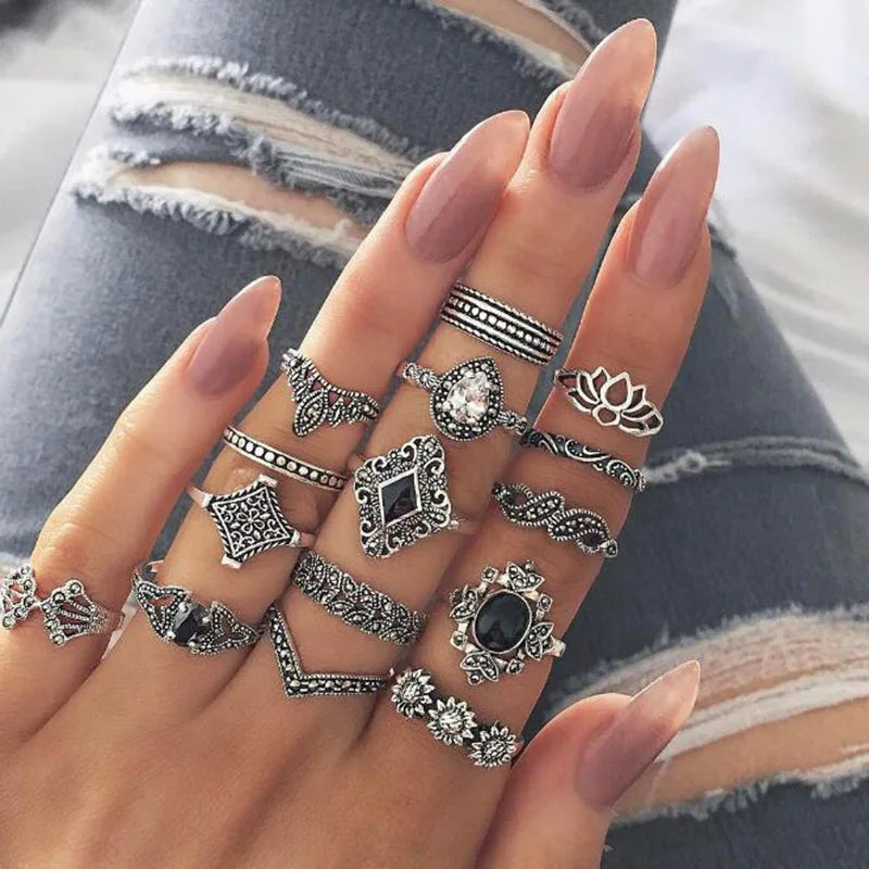 15 Pcs Bohemian Retro Rings Set For Women Crystal Flower Leaves Hollow Lotus Gem Knuckle Ring Wedding Jewelry