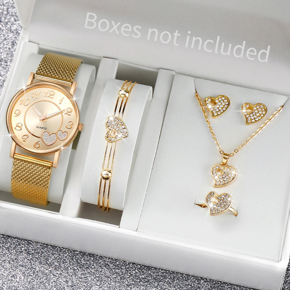 6PCS/Set Fashion Heart Women's Watch Plastic Band Analog Golden Quartz Watches Butterfly Jewelry Set(Without Box)