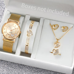 6PCS/Set Fashion Heart Women's Watch Plastic Band Analog Golden Quartz Watches Butterfly Jewelry Set(Without Box)