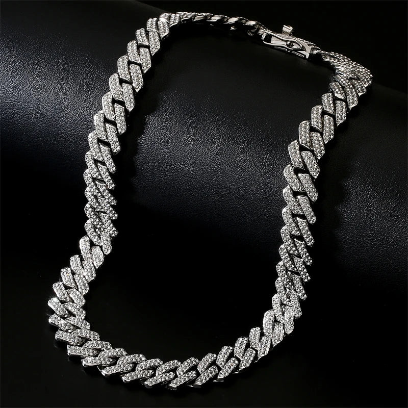 Gold Color Hip Hop Cuban Chain With Full Stone Mens Necklace Silver Color 2 Rows Rhinestone Paved Miami Cuban Chain Necklace