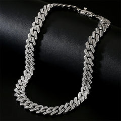 Gold Color Hip Hop Cuban Chain With Full Stone Mens Necklace Silver Color 2 Rows Rhinestone Paved Miami Cuban Chain Necklace