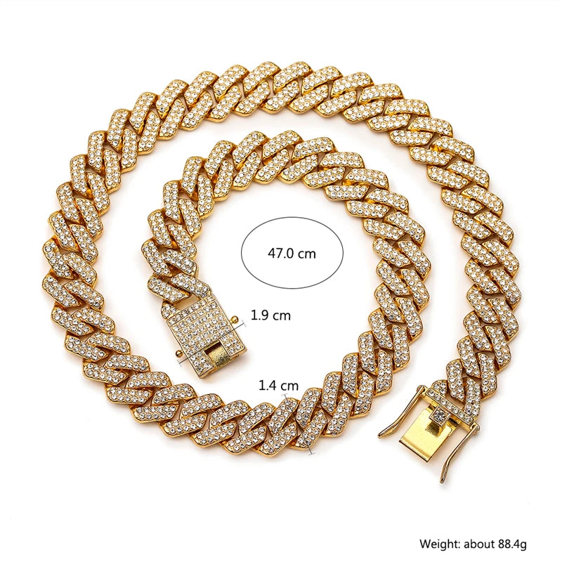 Gold Color Hip Hop Cuban Chain With Full Stone Mens Necklace Silver Color 2 Rows Rhinestone Paved Miami Cuban Chain Necklace