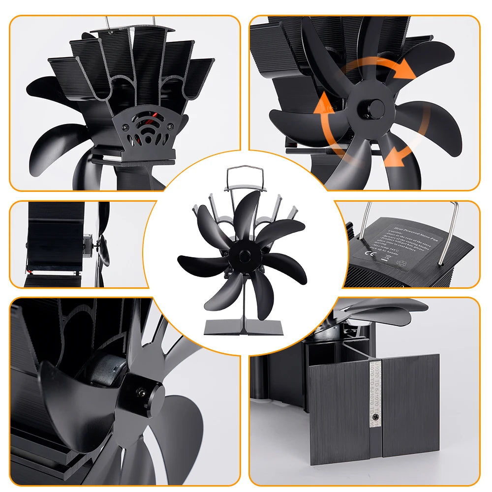 7 Blades Heat Powered Stove Fan Black Fireplace Fan Log Wood Burner Eco-fan Quiet Heater Home Efficient Heat Distribution