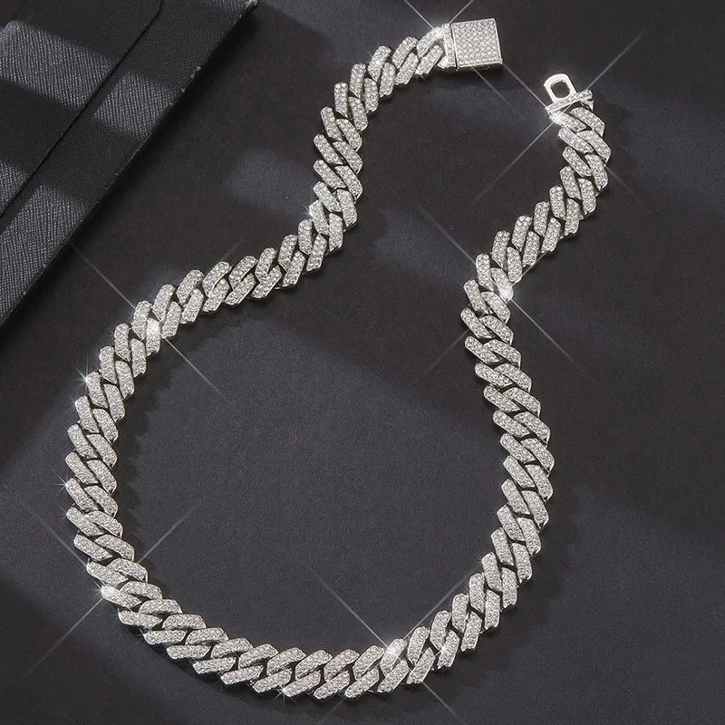 Gold Color Hip Hop Cuban Chain With Full Stone Mens Necklace Silver Color 2 Rows Rhinestone Paved Miami Cuban Chain Necklace