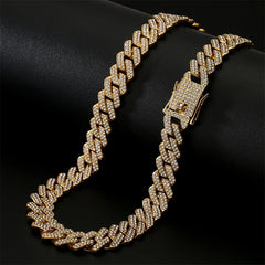 Gold Color Hip Hop Cuban Chain With Full Stone Mens Necklace Silver Color 2 Rows Rhinestone Paved Miami Cuban Chain Necklace