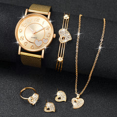 6PCS/Set Fashion Heart Women's Watch Plastic Band Analog Golden Quartz Watches Butterfly Jewelry Set(Without Box)