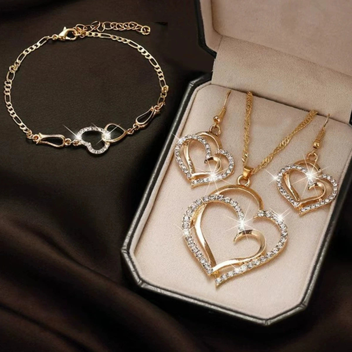 3 Pcs Set Heart Shaped Jewelry Set Of Earrings Pendant Necklace For Women Exquisite Fashion Rhinestone Double Heart Jewelry Set