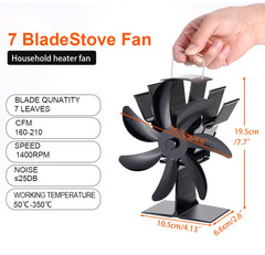 7 Blades Heat Powered Stove Fan Black Fireplace Fan Log Wood Burner Eco-fan Quiet Heater Home Efficient Heat Distribution