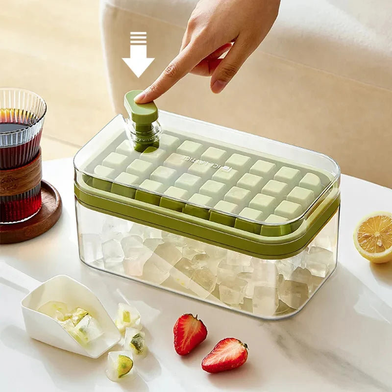 Ice Cube Tray With Lid, Ice Cube Tray One Button Release Ice Cube Mold Silicone Strap 64 Ice Cube Tray Storage Box